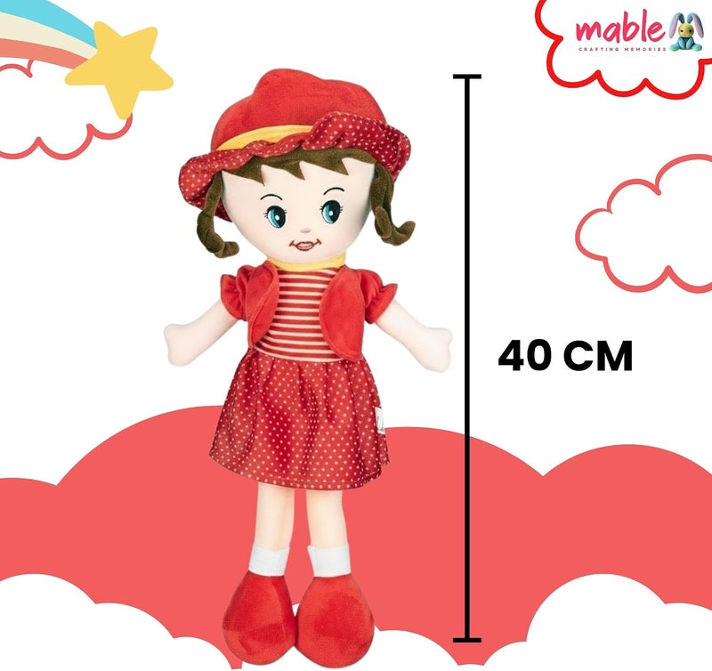 MABLE دمية مابل وينكي الناعمة المصنوعة من الفرو للبنات | دمية محشية لطيفة جدًا للأطفال والرضع | لعبة دمية جميلة لأوقات اللعب والنوم (اللون الأحمر، طول 40 سم) - Image 1