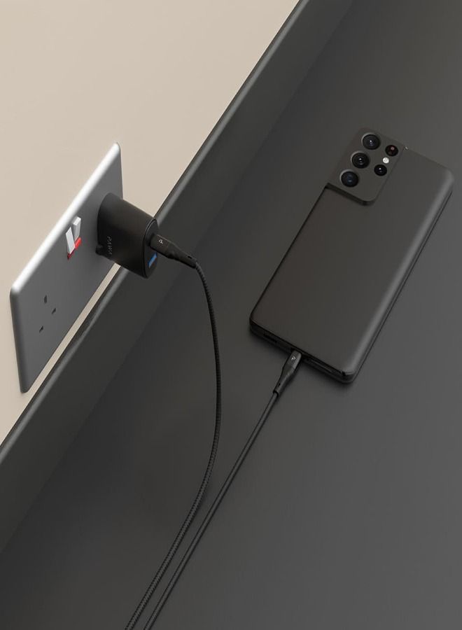 باوا كابل بيانات USB-C إلى USB-C مضفر من النايلون بقوة 60 وات وشحن سريع بطول 1.2 متر/4 أقدام - أسود - Image 2