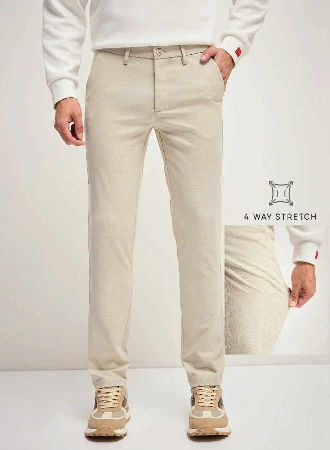 THE BEAR HOUSE Men's Beige Checked 4 Way Stretch Formal Trouser Versatile Office and Travel Pants Comfortable Fit for Everyday Use Easy to Style Bottomwear for Work Weekend and Outings
