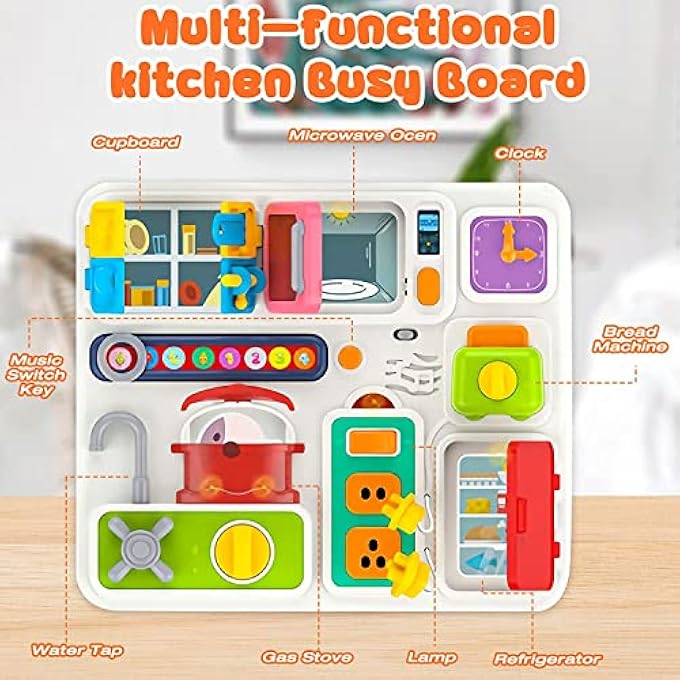 AM ANNA Kitchen Busy Board with Music and Lights, Montessori Busy Board Educational Learning Activities Fine Motor Skills & Kitchen Cognition Game Board,Toddler Travel Toys for Babies 12+ Months - Image 2