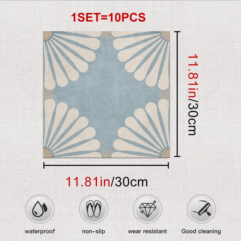 IVN 10PCS 12x12 Inch Vintage Blue and White Flower Pattern Design Detachable Self-Adhesive PVC Vinyl Floor Stickers for Peeling Floor Tiles, Ideal for Living Rooms, Kitchens, and Bathrooms - Image 3