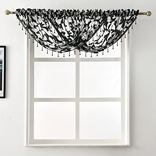 NAPEARL Black Waterfall Window Curtain Valance Jacquard Organza Sheer Bathroom Curtain, Beaded Swag for Small Windows, Kitchen (1 Valance, 40 x 17 Inch) - Image 1