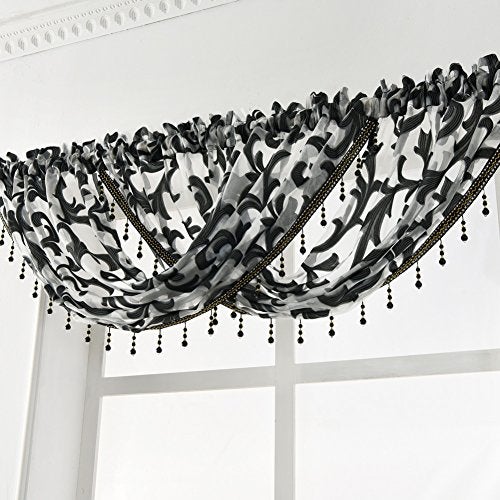 NAPEARL Black Waterfall Window Curtain Valance Jacquard Organza Sheer Bathroom Curtain, Beaded Swag for Small Windows, Kitchen (1 Valance, 40 x 17 Inch) - Image 2