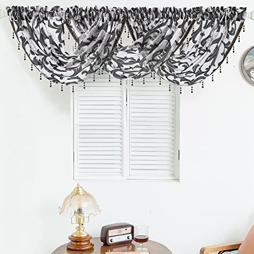 NAPEARL Black Waterfall Window Curtain Valance Jacquard Organza Sheer Bathroom Curtain, Beaded Swag for Small Windows, Kitchen (1 Valance, 40 x 17 Inch) - Image 4