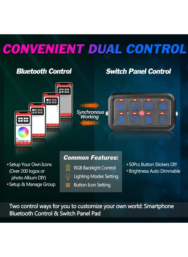 Niking Auto لوحة مفاتيح RGB 8 Gang مع بلوتوث 8 وحدات مفاتيح نظام ريلاي صندوق متعدد الوظائف 3 أوضاع تبديل مؤقت مضيء لمسة للمركبات الشاحنة RV قارب الطرق الوعرة ATV UTV SUV RZR قارب - Image 3