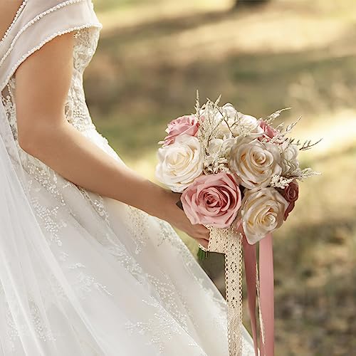 LEIFENY Wedding Bouquets for Bride, Champagne White & Pink Bridal Bridesmaid Wedding Flowers, Artificial Toss Rose for Civil Ceremony (Hollow Lace Ribbon Handle) - Image 4