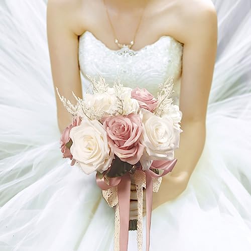 LEIFENY Wedding Bouquets for Bride, Champagne White & Pink Bridal Bridesmaid Wedding Flowers, Artificial Toss Rose for Civil Ceremony (Hollow Lace Ribbon Handle) - Image 3