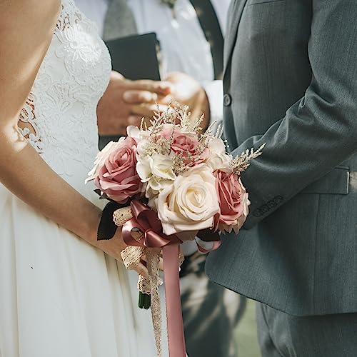 LEIFENY Wedding Bouquets for Bride, Champagne White & Pink Bridal Bridesmaid Wedding Flowers, Artificial Toss Rose for Civil Ceremony (Hollow Lace Ribbon Handle) - Image 5