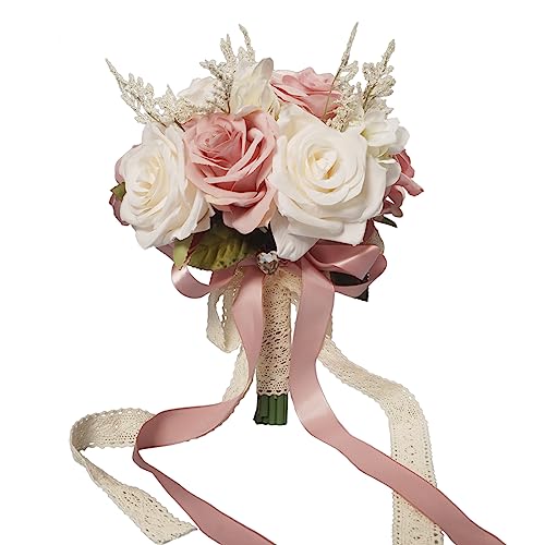 LEIFENY Wedding Bouquets for Bride, Champagne White & Pink Bridal Bridesmaid Wedding Flowers, Artificial Toss Rose for Civil Ceremony (Hollow Lace Ribbon Handle) - Image 1