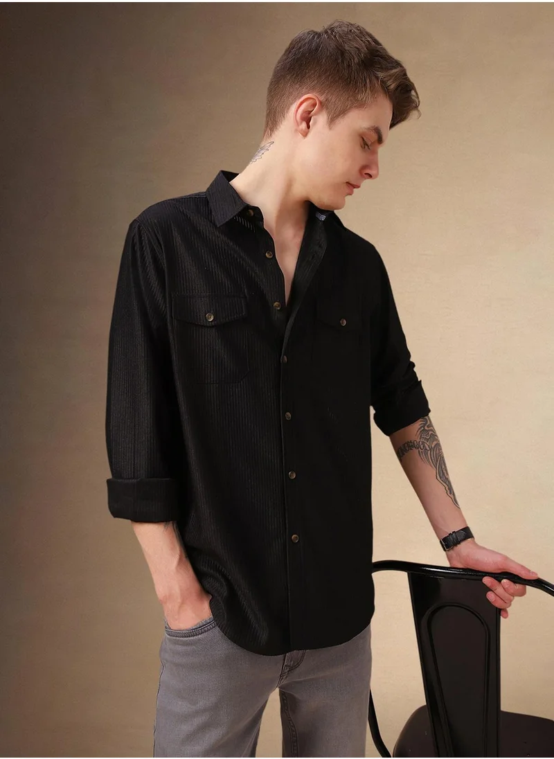Dennis Lingo Men's Black 100% Polyester Solid Shirt