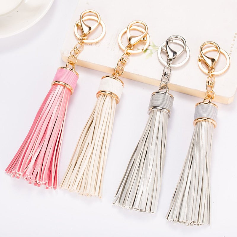 ZOONAI Women Leather Tassels Keychain Car Circle Key Rings Gift Bag Hanging Buckle (Golden) - Image 5