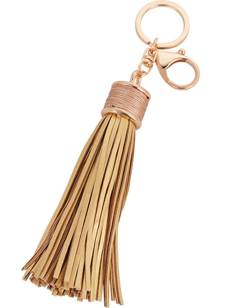 ZOONAI Women Leather Tassels Keychain Car Circle Key Rings Gift Bag Hanging Buckle (Golden) - Image 1