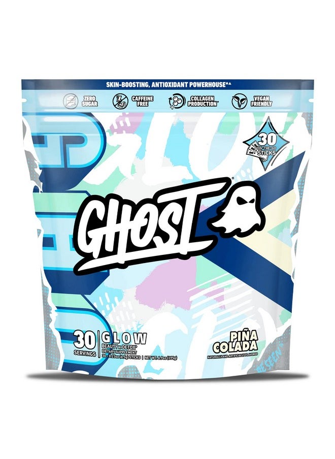 جوست GHOST Glow Sticks: مكمل غذائي للجمال وإزالة السموم - 30 عبوة من العصي أثناء التنقل، Pina Colada - حمض الهيالورونيك والبيوتين وL-Theanine لدعم البشرة - خالٍ من السكر والغلوتين  - Image 1