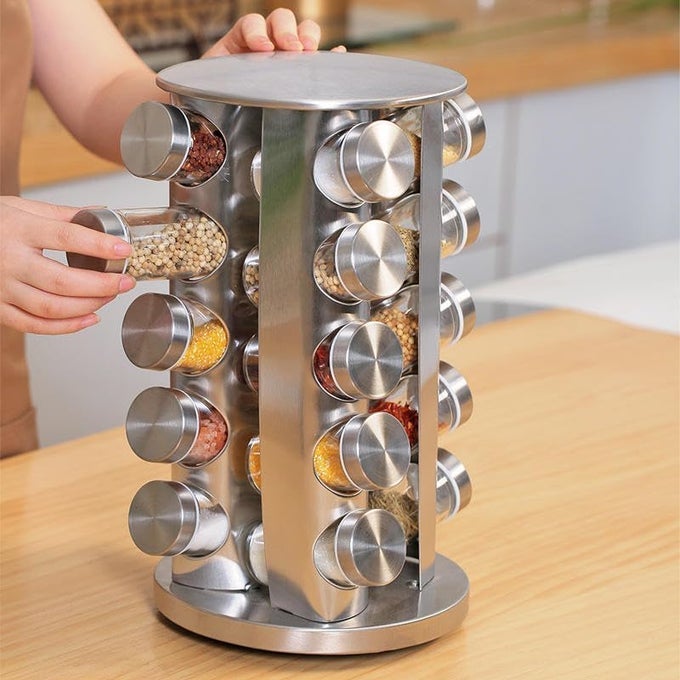STAINLESS STEEL 20 JAR REVOLVING SPICE TOWER SPICE JAR RACK REVOLVING ROTATING COUNTERTOP SPICE ORGANIZER SEASONING SET SPICE CAROUSEL SET CONDIMENT SET