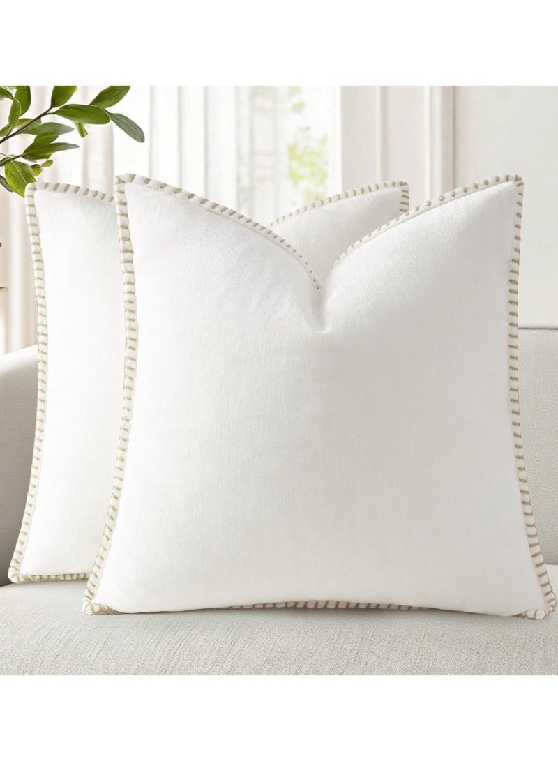 Set of 2 White Chenille Soft Cozy Throw Pillow Covers 45x45CM Modern Farmhouse Boho Velvet Decorative Pillow Cases with Stitched Edge for Couch Sofa Bed Home Decor Without Pillow Inner - Image 1