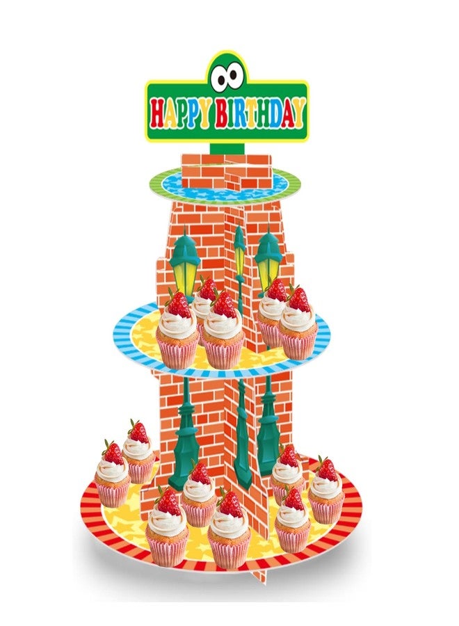 DAECHAO Cartoon Happy Birthday Cupcake Stand, 3 Tier Cupcake Tower Dessert Stand for Birthday Decoration, Party Decoration Baby Shower Wedding Supplies - Image 1