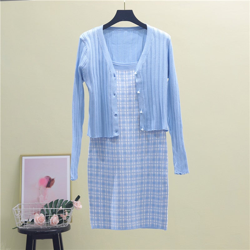 2023 Spring and Autumn Japanese Korean Knitted Cardigan Jacket + Plaid Sling Knitted Dress Two-Piece Suit 6260 Yellow (set) - Image 2