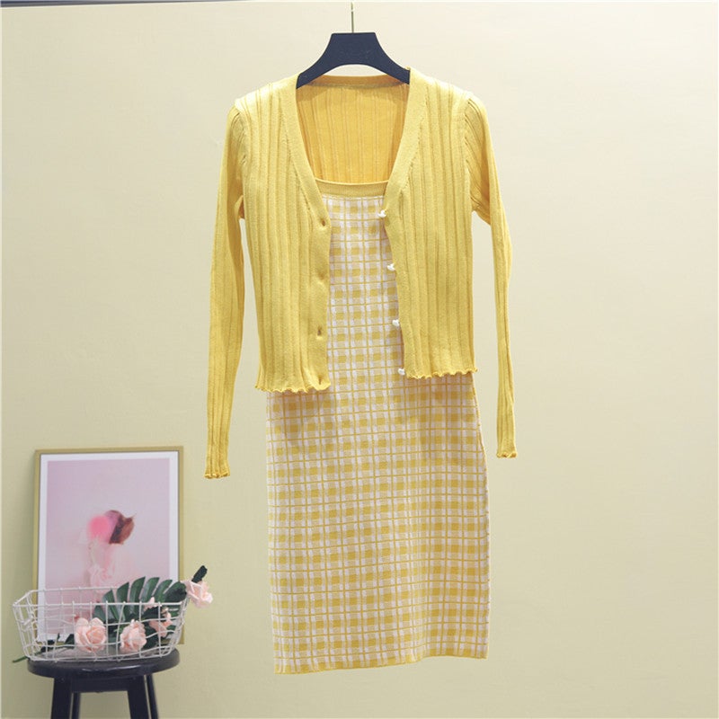 2023 Spring and Autumn Japanese Korean Knitted Cardigan Jacket + Plaid Sling Knitted Dress Two-Piece Suit 6260 Yellow (set) - Image 1