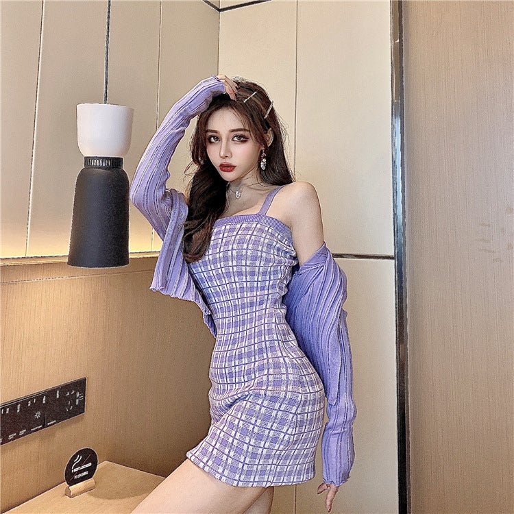 2023 Spring and Autumn Japanese Korean Knitted Cardigan Jacket + Plaid Sling Knitted Dress Two-Piece Suit 6260 Yellow (set) - Image 4