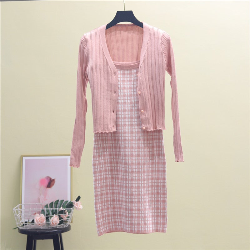 2023 Spring and Autumn Japanese Korean Knitted Cardigan Jacket + Plaid Sling Knitted Dress Two-Piece Suit 6260 Yellow (set) - Image 3