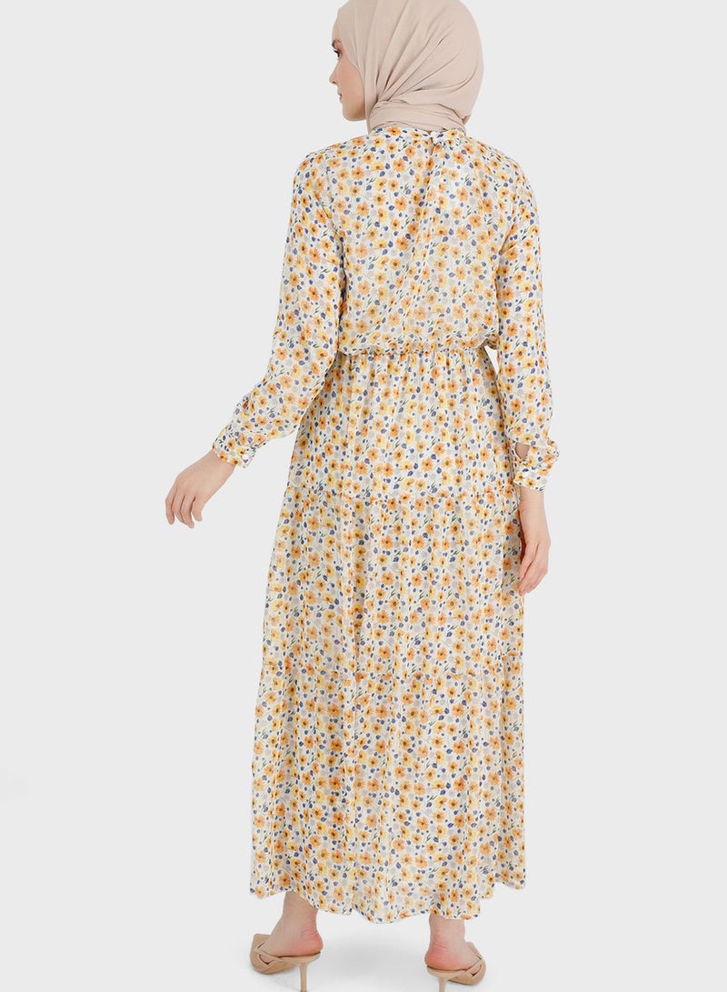 Benin by modanisa Balloon Sleeve Printed Tiered Dress - Image 2