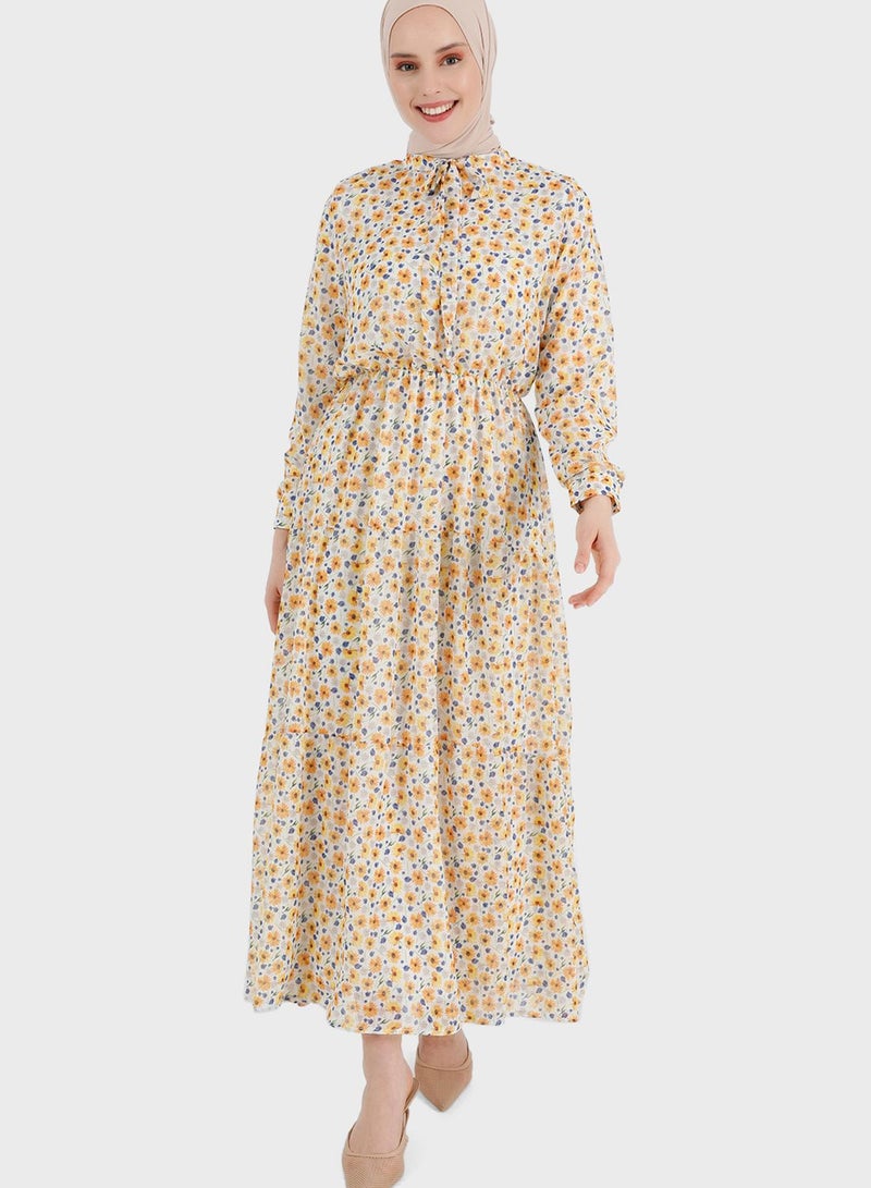 Benin by modanisa Balloon Sleeve Printed Tiered Dress - Image 1