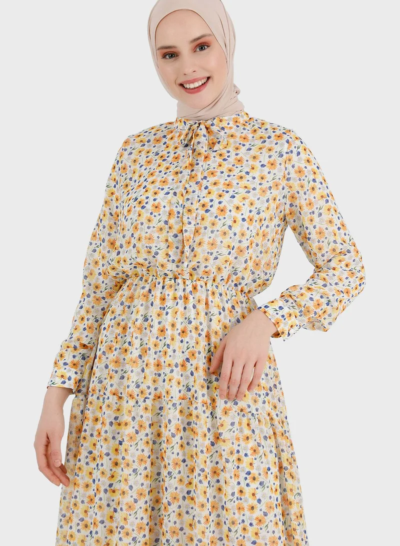 Benin by modanisa Balloon Sleeve Printed Tiered Dress