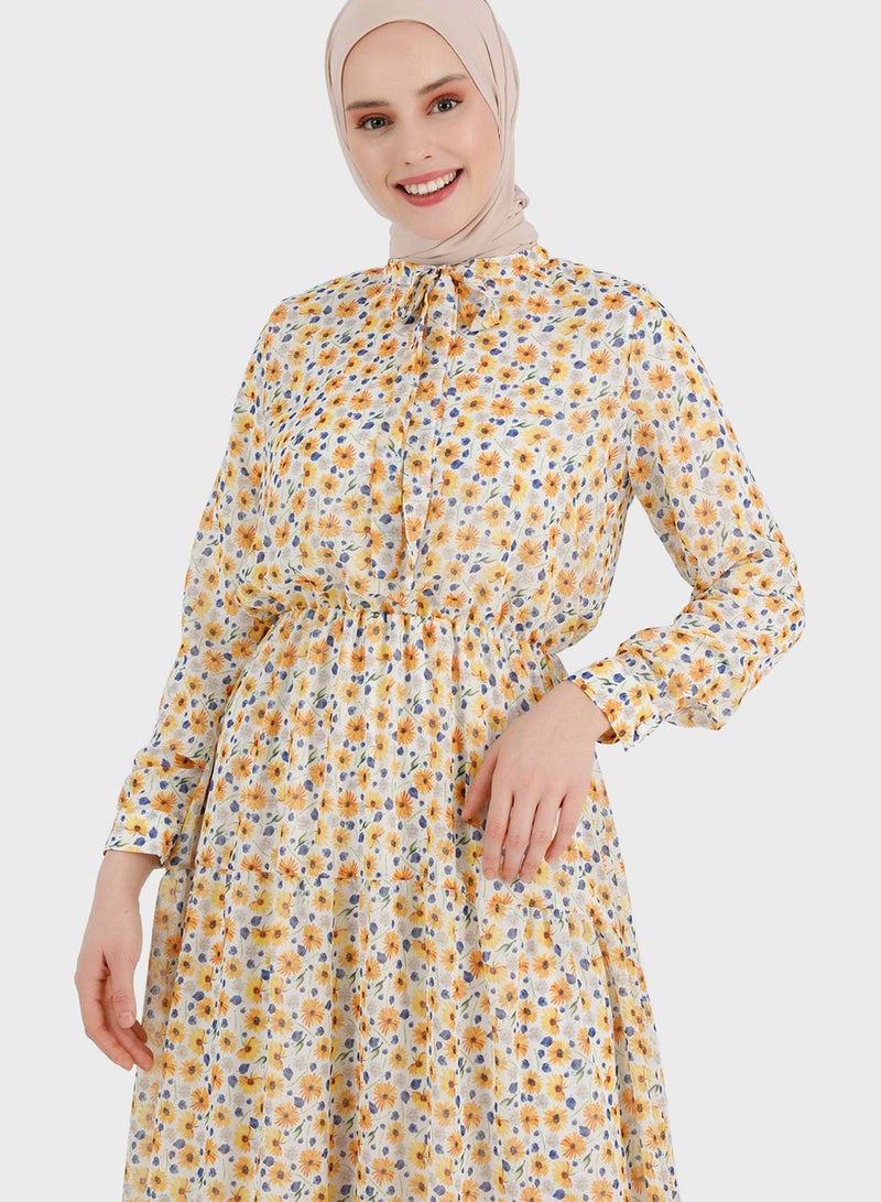 Benin by modanisa Balloon Sleeve Printed Tiered Dress - Image 3