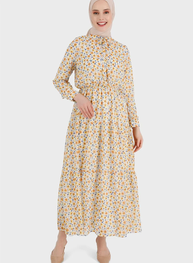 Benin by modanisa Balloon Sleeve Printed Tiered Dress