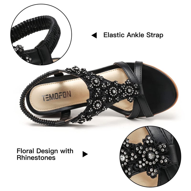 TEMOFON Women's Low Wedge Heels Summer Dressy Platform Sandals Elastic Ankle Strap Open Toe Flower Shoes Black Size 8 - Image 4