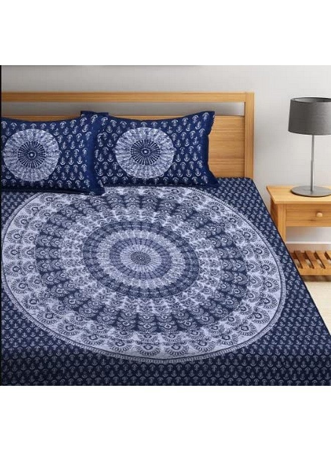 BedZone 120 TC Cotton Blend Mandala Printed Jaipuri Bedsheet for Double Bed King Size with 2 Pillow Covers, Blue - Image 5