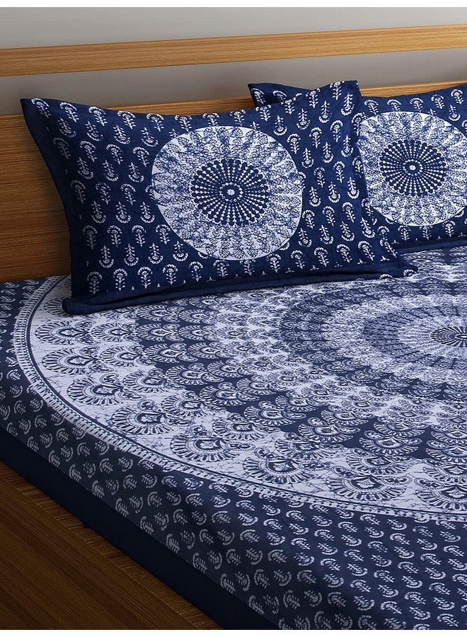BedZone 120 TC Cotton Blend Mandala Printed Jaipuri Bedsheet for Double Bed King Size with 2 Pillow Covers, Blue - Image 4