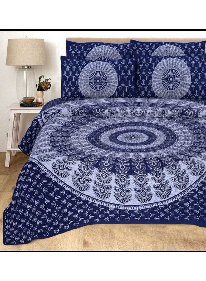 BedZone 120 TC Cotton Blend Mandala Printed Jaipuri Bedsheet for Double Bed King Size with 2 Pillow Covers, Blue - Image 1