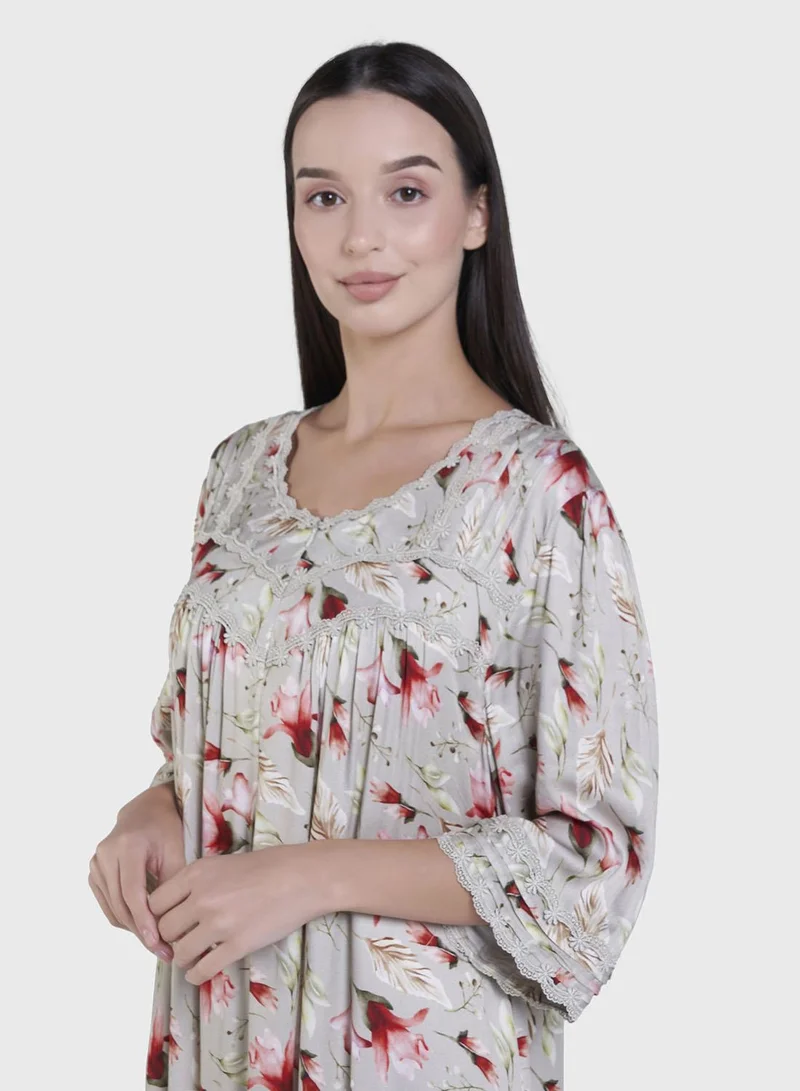 Kashkha French Oak Floral Print Long Nightwear Dress (CNH428)