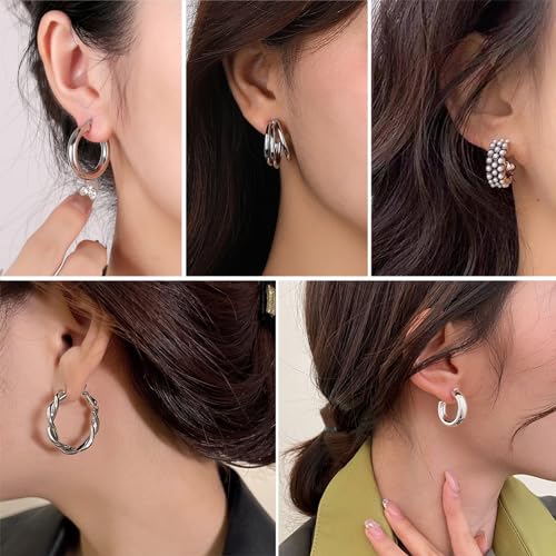 IFKM 24 Pairs Silver Hoop Earrings Set For Women Hypoallergenic Chunky Chain Twisted Open Hoops Dangle Earring Packs For Birthday Party Christmas Fashion Jewelry Gift - Image 4