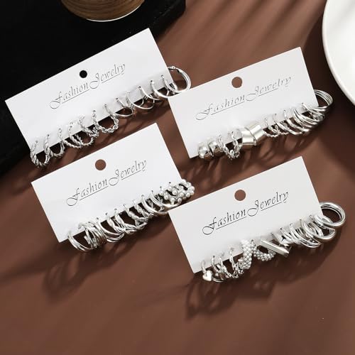 IFKM 24 Pairs Silver Hoop Earrings Set For Women Hypoallergenic Chunky Chain Twisted Open Hoops Dangle Earring Packs For Birthday Party Christmas Fashion Jewelry Gift - Image 5