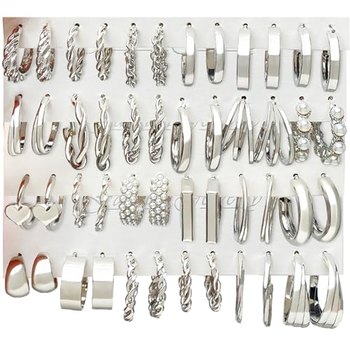 IFKM 24 Pairs Silver Hoop Earrings Set For Women Hypoallergenic Chunky Chain Twisted Open Hoops Dangle Earring Packs For Birthday Party Christmas Fashion Jewelry Gift - Image 1