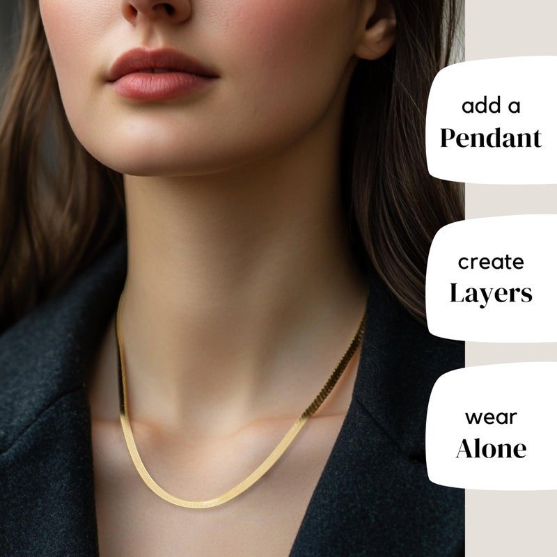 KISPER Solid 925 Sterling Silver 24k Gold Plated Herringbone Necklace for Women & Men, Italian Diamond-Cut 3mm Snake Chain Necklace, Made in Italy, 18 Inches - Image 3