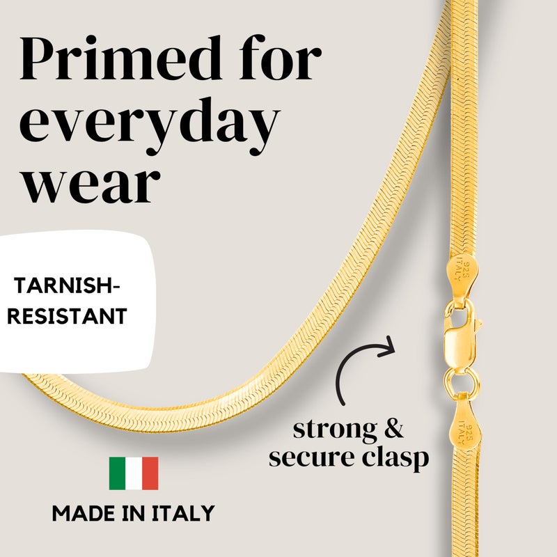 KISPER Solid 925 Sterling Silver 24k Gold Plated Herringbone Necklace for Women & Men, Italian Diamond-Cut 3mm Snake Chain Necklace, Made in Italy, 18 Inches - Image 4