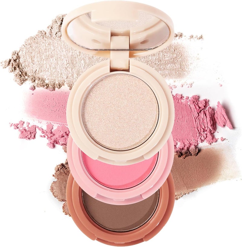 باليت بودرة برونزر بلشر هايلايتر ميني إيريندي غير لامع ولامع مع مرآة 3 ألوان سهلة الدمج صديقة للسفر خالية من القسوة