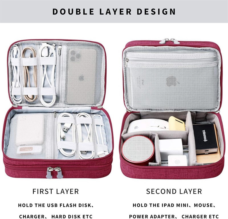 Lanola Travel Cable Organizer Bag, Electronic Accessories Case Portable Double Layer Cable Storage Bag for Cord,phone,Charger, Flash Drive, Phone, SD Card,Personal Items - (Red) - Image 3