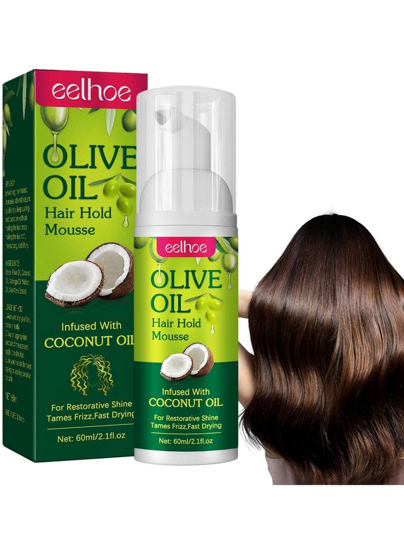 EELHOE Olive Oil Hair Styling Mousse, Hair Control Mousse with Coconut Oil Non Sticky Moisturizing Nourishing Curl Hair Foam Mousse for Hair Volumizing and Against Frizz for All Kinds Hair 60ml  - Image 1