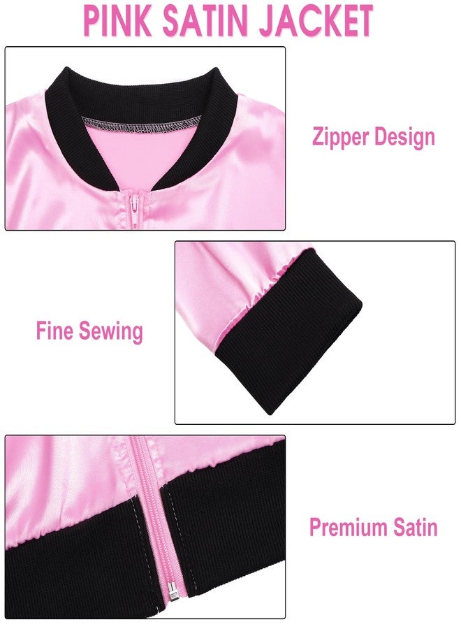 SOMSOC 5 Pieces 1950s Women Pink Satin Jacket with Polka Dot Scarf Headband Earrings Eye Glasses Halloween Party Costume Set - Image 3