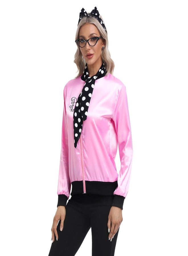 SOMSOC 5 Pieces 1950s Women Pink Satin Jacket with Polka Dot Scarf Headband Earrings Eye Glasses Halloween Party Costume Set - Image 5
