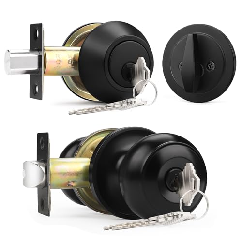 Probrico Keyed Alike Entry Door Knob and Single Cylinder Deadbolt Lockset, Black Front Door Knob with Key and Deadbolt, 1 Pack - Image 1