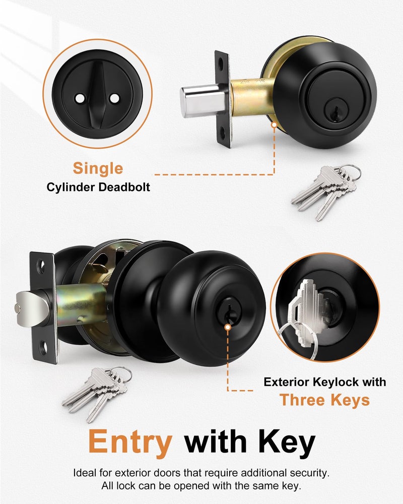 Probrico Keyed Alike Entry Door Knob and Single Cylinder Deadbolt Lockset, Black Front Door Knob with Key and Deadbolt, 1 Pack - Image 3