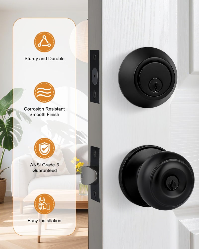 Probrico Keyed Alike Entry Door Knob and Single Cylinder Deadbolt Lockset, Black Front Door Knob with Key and Deadbolt, 1 Pack - Image 2