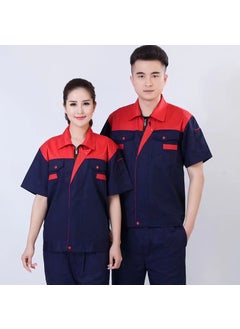 Generic Mens Sleeve Work Shirt Spring Autumn Color Block Wear Resistant Welding Auto Repair Labor Protection Top Factory Workshop Red Top and Navy Blue Short-sleeved Single Top 