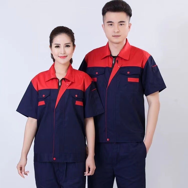 Spring and Autumn single top overalls mens wear-resistant welding auto repair labor protective clothing factory workshop engineering long sleeve color matching shoulder Red Top and Navy Blue Short-sleeved Single Top 