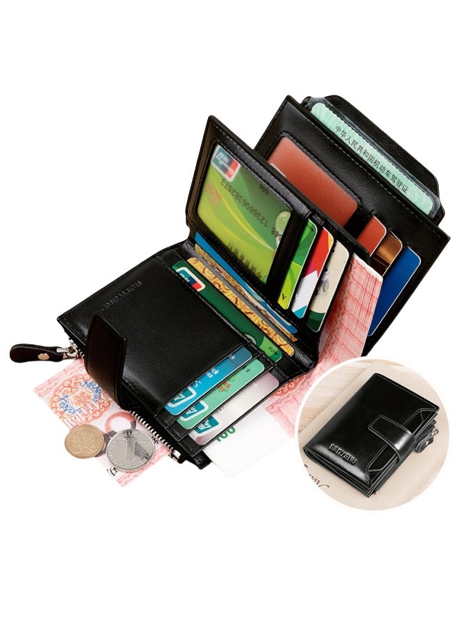 banyanu Retro Men's Wallet Anti-Theft Brush Short Genuine Leather Men's Wallet Black - Image 1